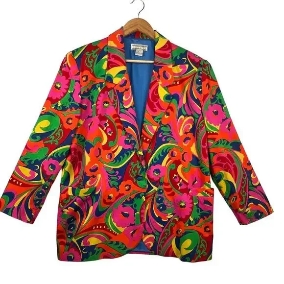Vintage 90s All Over Bright Colorful Psychedelic Florals Artsy Blazer Medium - Picture 3 of 13